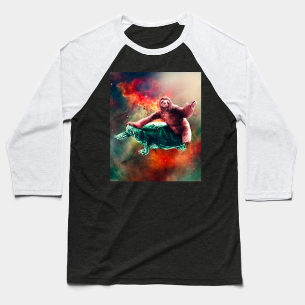 Funny Space Sloth Riding On Turtle Baseball T-Shirt by Random Galaxy